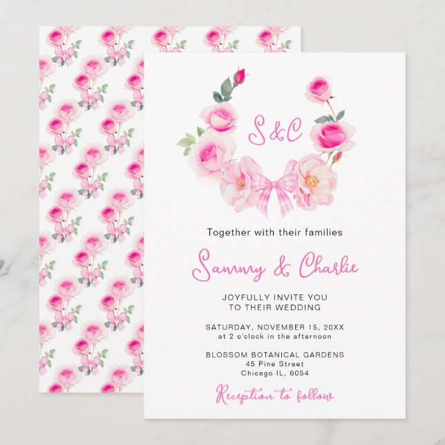 Invitación Corona de Rosa Rosa Coquette Bow Boda (Anverso / Reverso)