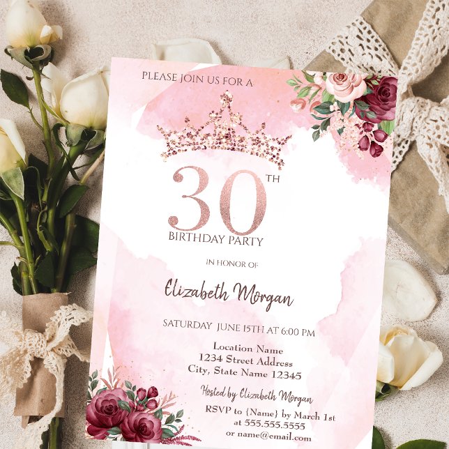 Invitación Corona de Rosas Glitter Rose Gold Cumpleaños 30 (Subido por el creador)