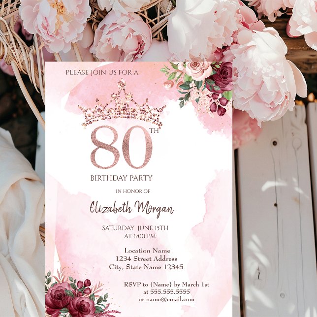 Invitación Corona de Rosas Glitter Rose Gold para Cumpleaños  (Subido por el creador)