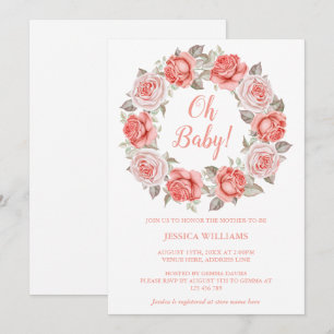 Invitación Corona de rosas rojas y rosadas románticas para Ba