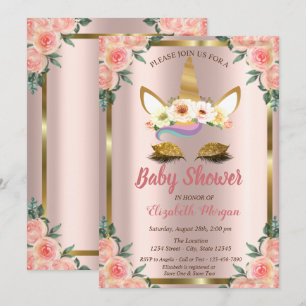 Invitación Corona de Rosas Unicornio con Brillo Dorado Invita