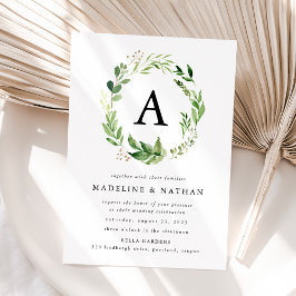 Invitación Corona de Verdor Acuarela Monograma Boda