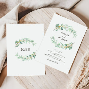 Invitación Corona de Verdor Romántico con Monograma de Boda