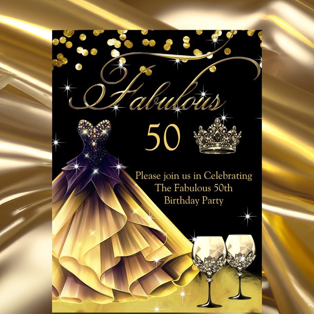 Invitación Corona de vestido negro dorado para cumpleaños fab (Subido por el creador)