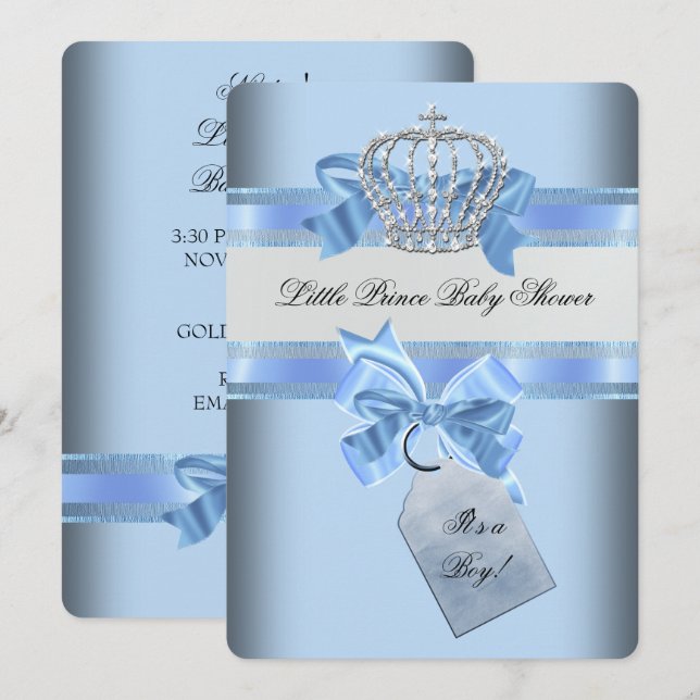 Invitación Corona del Principito Azul de Baby Shower Boy (Anverso / Reverso)