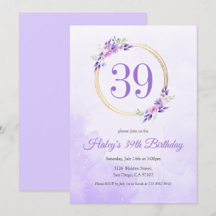 Invitación Corona Dorada Floral Morada de Cumpleaños número 3