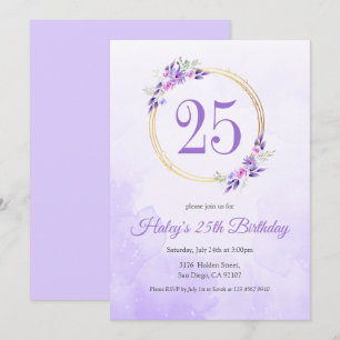 Invitación Corona Dorada Floral Morado Pastel Cumpleaños 25