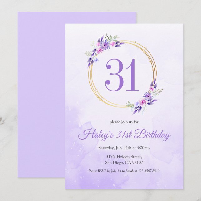 Invitación Corona Dorada Floral Morado Pastel Cumpleaños 31 (Anverso / Reverso)