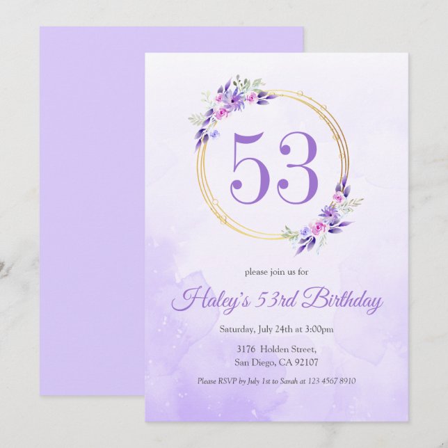Invitación Corona Dorada Floral Morado Pastel Cumpleaños 53 (Anverso / Reverso)