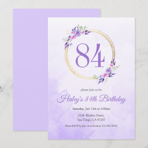 Invitación Corona Dorada Floral Morado Pastel Cumpleaños 84