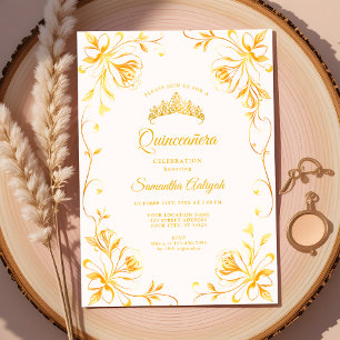 Invitación Corona Dorada Lujo Flores Quinceañera