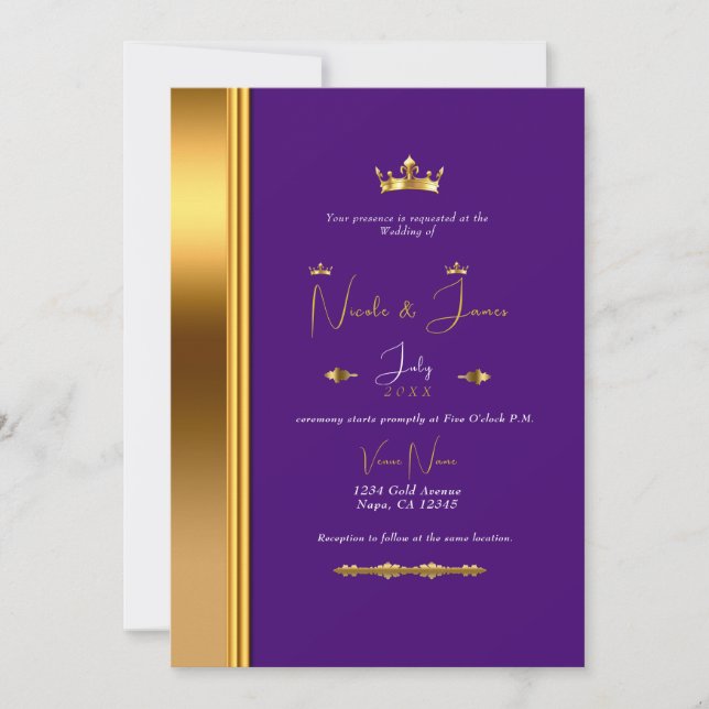 Invitación Corona Dorada Púrpura Real Elegante Glam Boda   (Anverso)