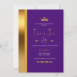Invitación Corona Dorada Púrpura Real Elegante Glam Boda  