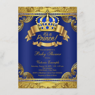 Invitación Corona Dorada Real Azul Príncipe Niño Baby Shower