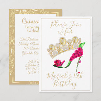 Invitación Corona dorada, zapato de tacón alto de hadas flora