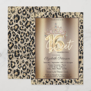 Invitación Corona elegante estampado leopardo Sweet 16  