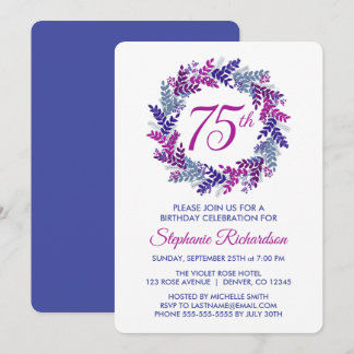 Invitación Corona elegante rosa y morada Cumpleaños 75