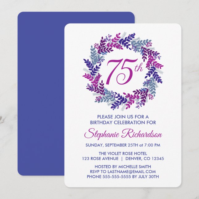 Invitación Corona elegante rosa y morada Cumpleaños 75 (Anverso / Reverso)