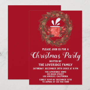 Invitación Corona festiva roja y verde Fiesta de Navidad