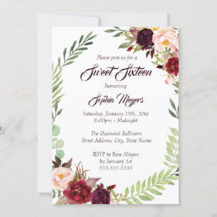 Invitación Corona floral 16 Burgundy Cumpledieciséis