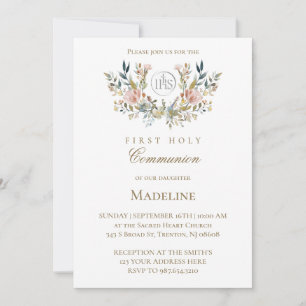 Invitación corona floral acuarela primera comunión
