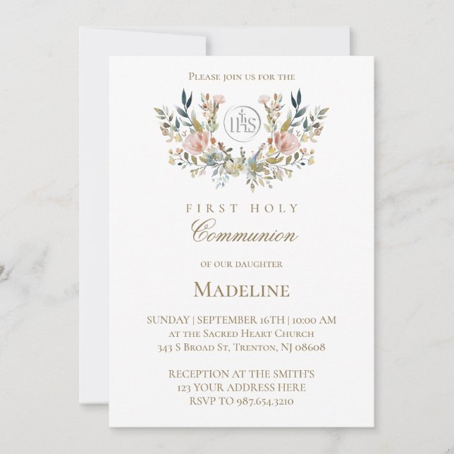 Invitación corona floral acuarela primera comunión (Anverso)