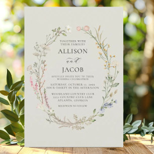 Invitación Corona floral acuarela verde salvia boda