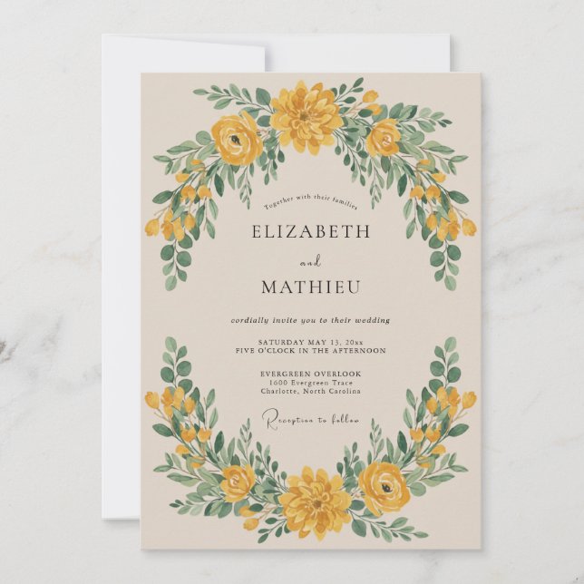 Invitación Corona Floral Amarillo Dorado Boda (Anverso)