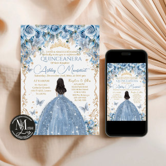 Invitación Corona floral azul bebé y dorada Quinceañera