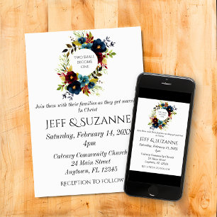 Invitación Corona floral azul de Borgoña Dos se convierten en