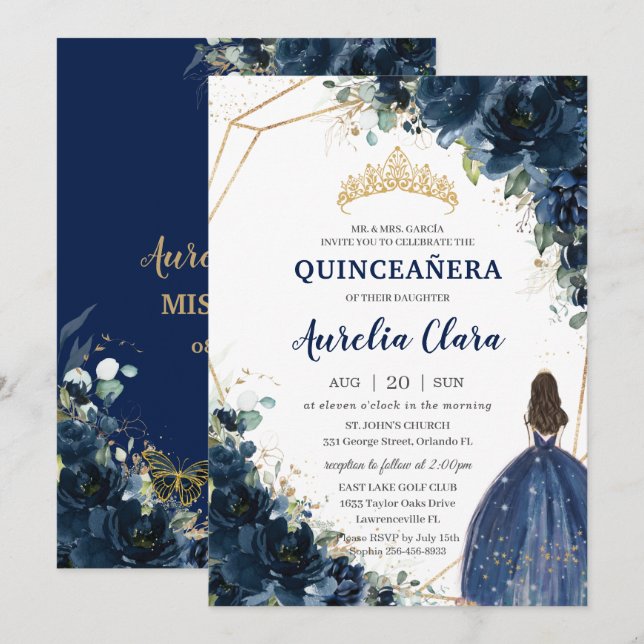 Invitación Corona floral azul de la Marina de Moda Quinceañer (Anverso / Reverso)