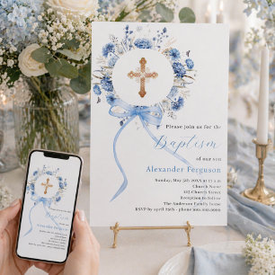 Invitación Corona floral azul lazo cruz niño bautizo