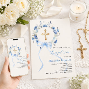 Invitación Corona floral azul lazo cruz niño crema bautizo