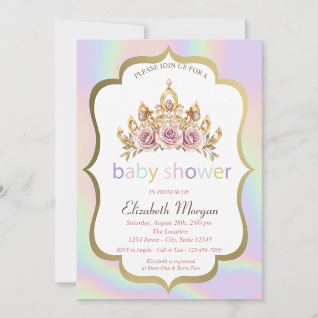 Invitación Corona floral, Baby Shower holográfico (Anverso)