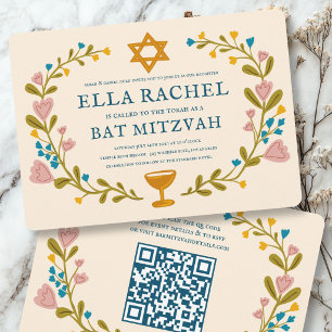 Invitación Corona floral Bat Mitzvah Código QR personalizado