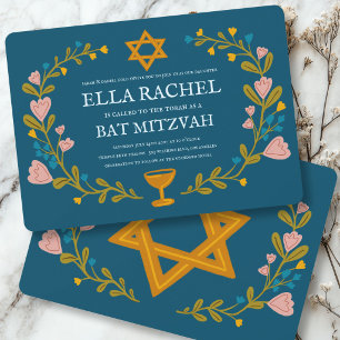Invitación Corona Floral Bat Mitzvah Dibujada a Mano Personal