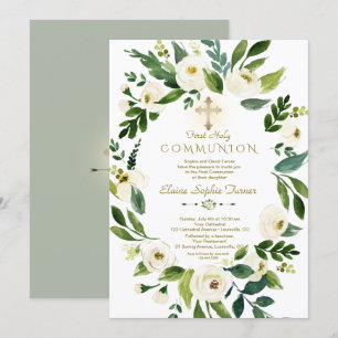 Invitación Corona floral blanca elegante Cruz Santa Comunión