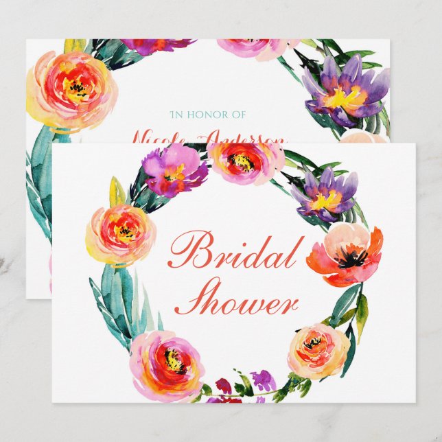 Invitación Corona floral brillante y audaz para ducha de novi (Anverso / Reverso)