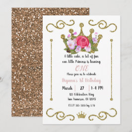 Invitación Corona Floral Brillo Dorado 1 UN 1er Cumpleaños