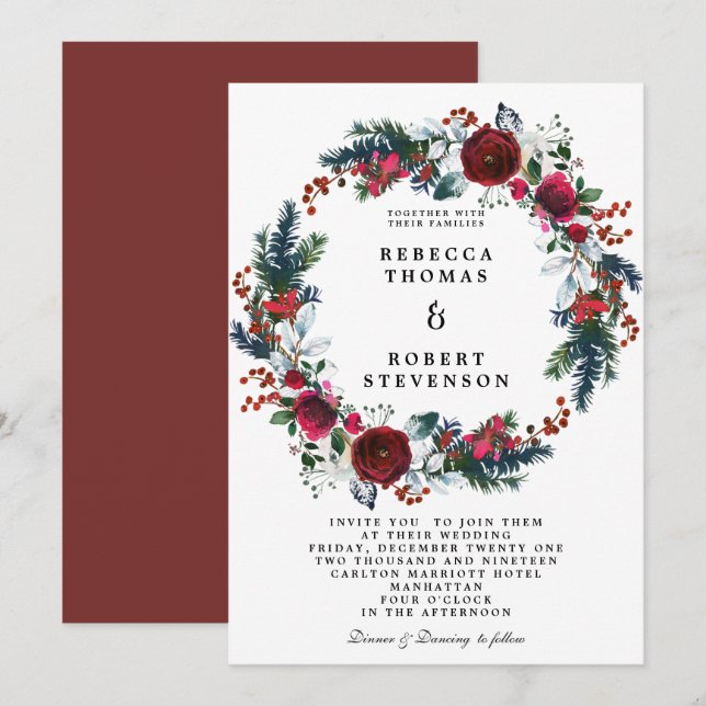 Invitación corona floral burgundy de boda de invierno (Anverso / Reverso)