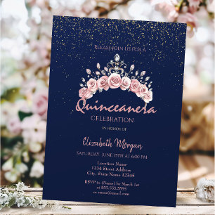 Invitación Corona Floral Chic Azul Marino Quinceañera