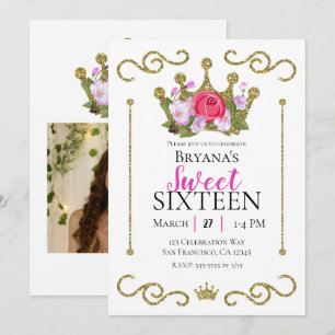 Invitación Corona Floral con Brillo Dorado para Fiesta Dulces