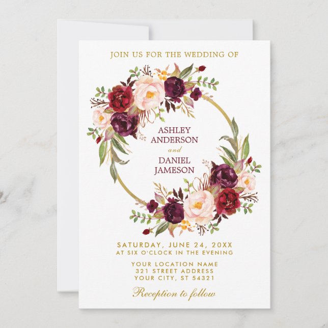 Invitación Corona floral de acuarela de boda de oro de Borgoñ (Anverso)