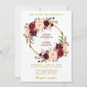 Invitación Corona floral de acuarela de boda de oro de Borgoñ