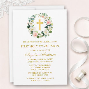 Invitación Corona floral de acuarela rosa blanca comunión oro