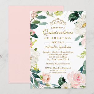 Invitación Corona floral de acuarela rosada Quinceañera