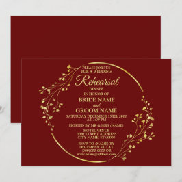 Invitación Corona floral de boda dorada Cena de ensayo roja