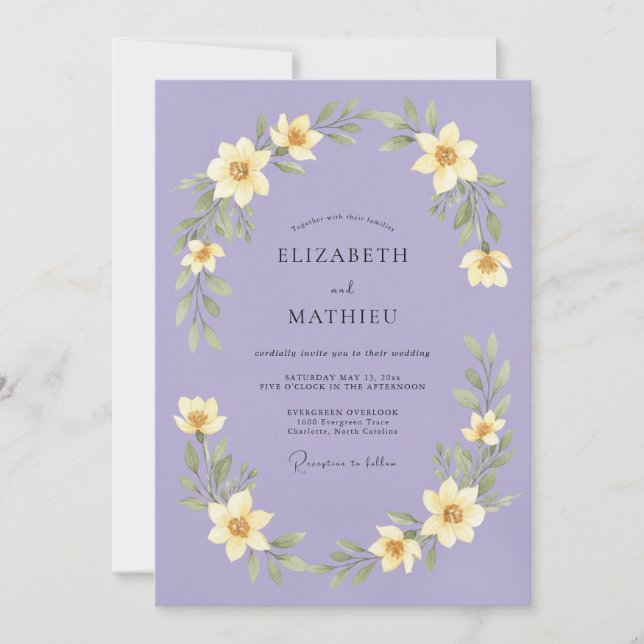 Invitación Corona Floral de Bodas de Lavanda (Anverso)