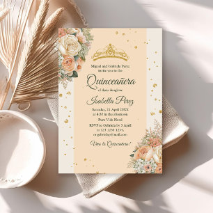 Invitación Corona Floral de Crema de Melocotón y Oro Quinceañ