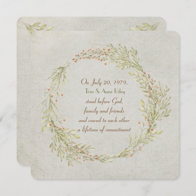 Invitación corona floral de durazno y hojas verdes Renovación (Anverso / Reverso)